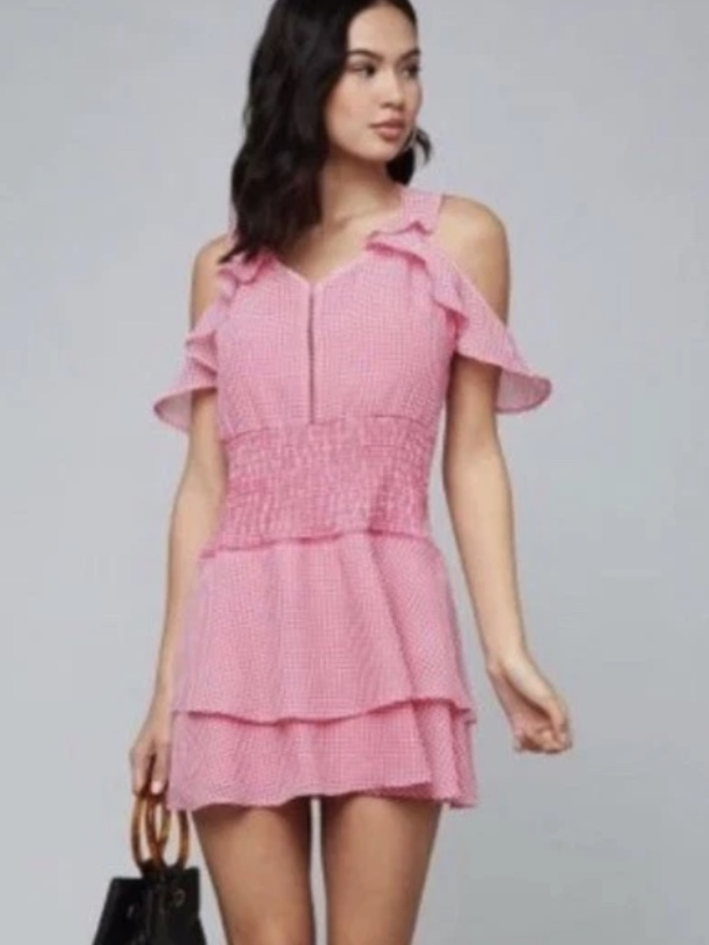 $150New Bebe Pink Gingham Cold Shoulders Smocked Waist Ruffle Tiered Dress XXS 0